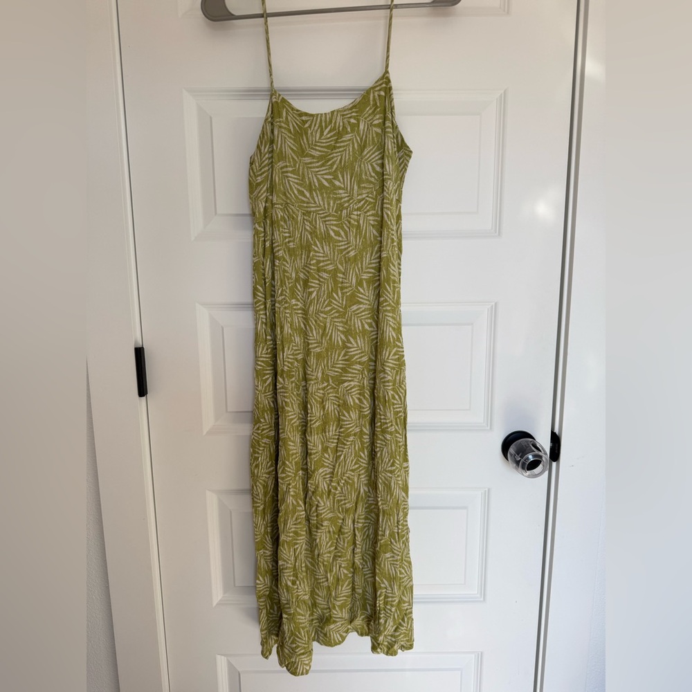 Final Touch Olive Green Leaf Print Spaghetti Strap Dress